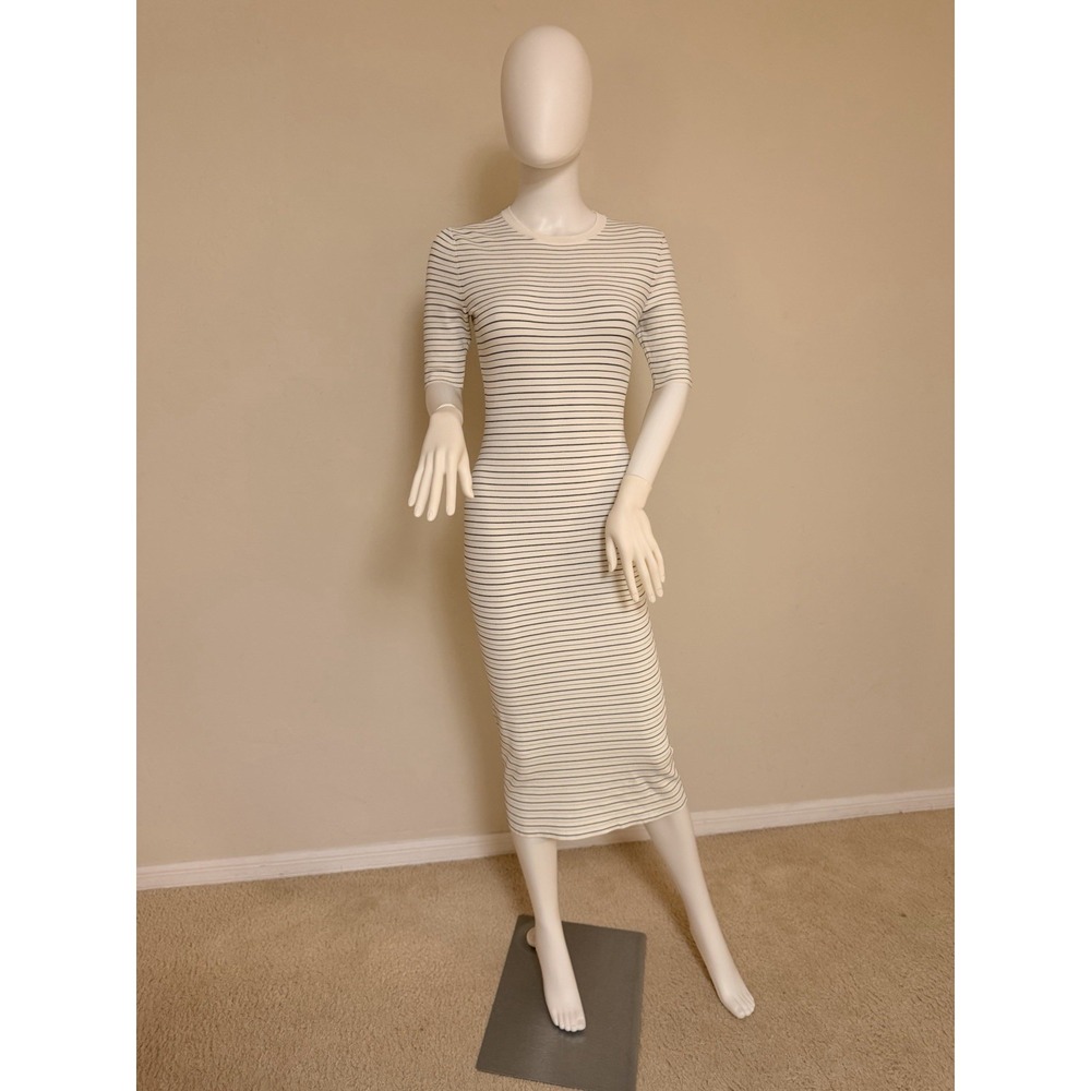 Theory Stripe Ribbed Knit Half Sleeve Midi Bodycon Dress White Black Size P